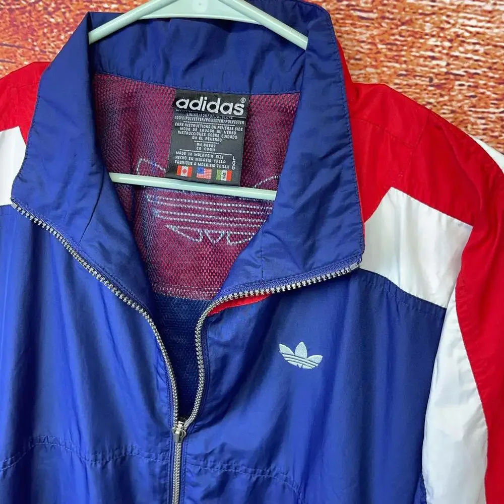 Vintage 90s Adidas Trefoil Windbreaker Jacket Blue Red White Sz L